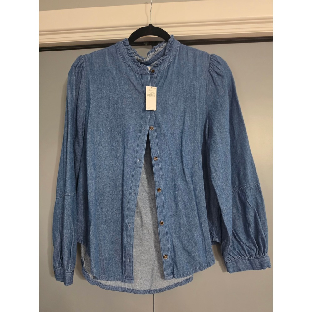 Old Navy Denim Shirt Womens Small Blue NWT Ruffle Neck Puff Sleeve Chambray Top